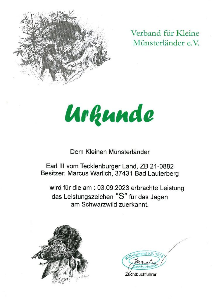 Leistungszeichen „S“ für das Jagen am Schwarzwild – Earl III vom Tecklenburger Land