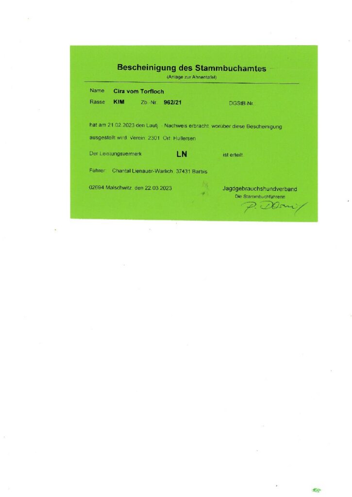 Stammbuch SN – Cira vom Torfloch